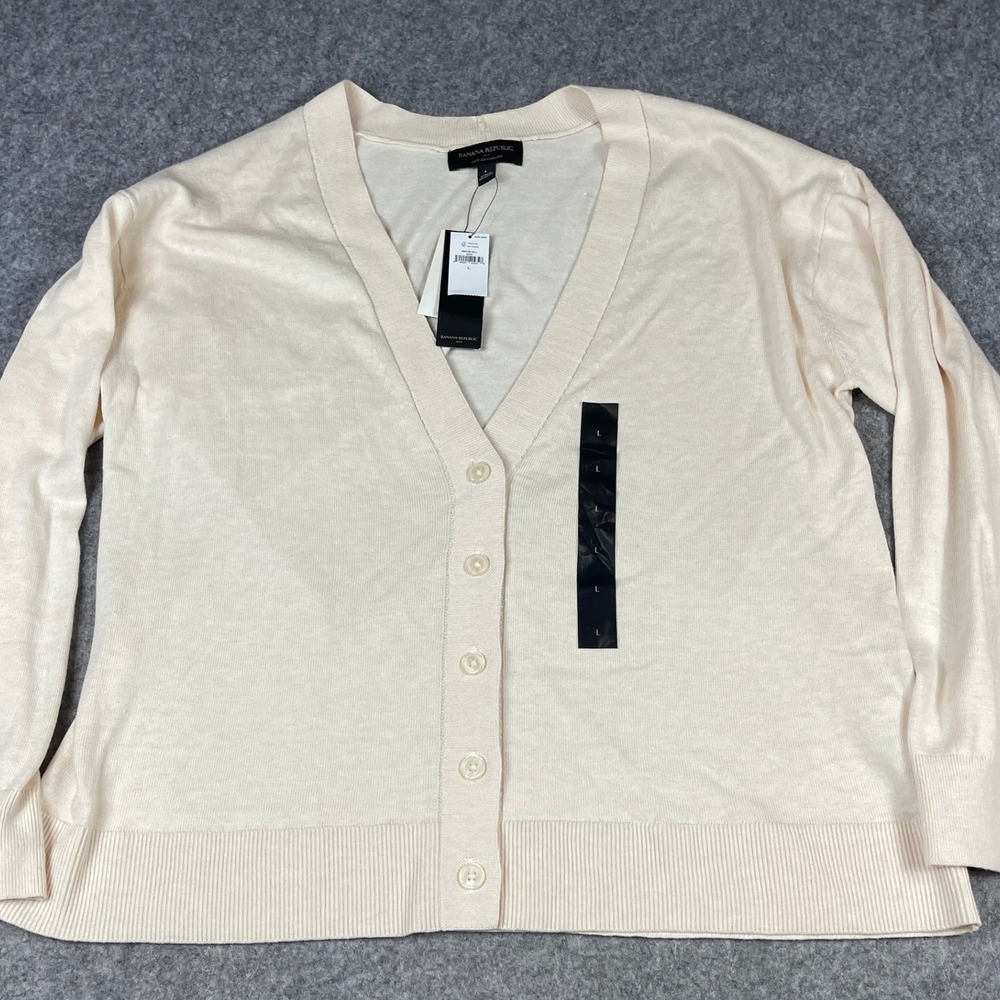 Banana Republic Forever Sweater Cream V-Neck Button Cardigan Womens Large NEW